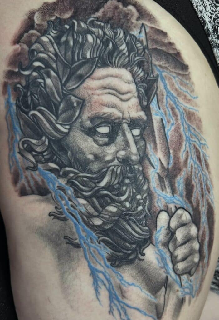Zeus tattoo black and grey fine line single needle